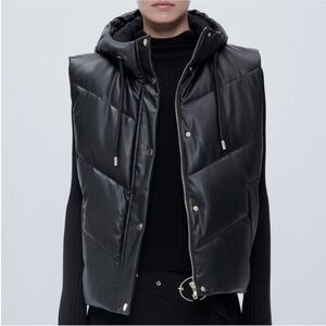 Zara Black Faux Leather Puffer Vest with Hood